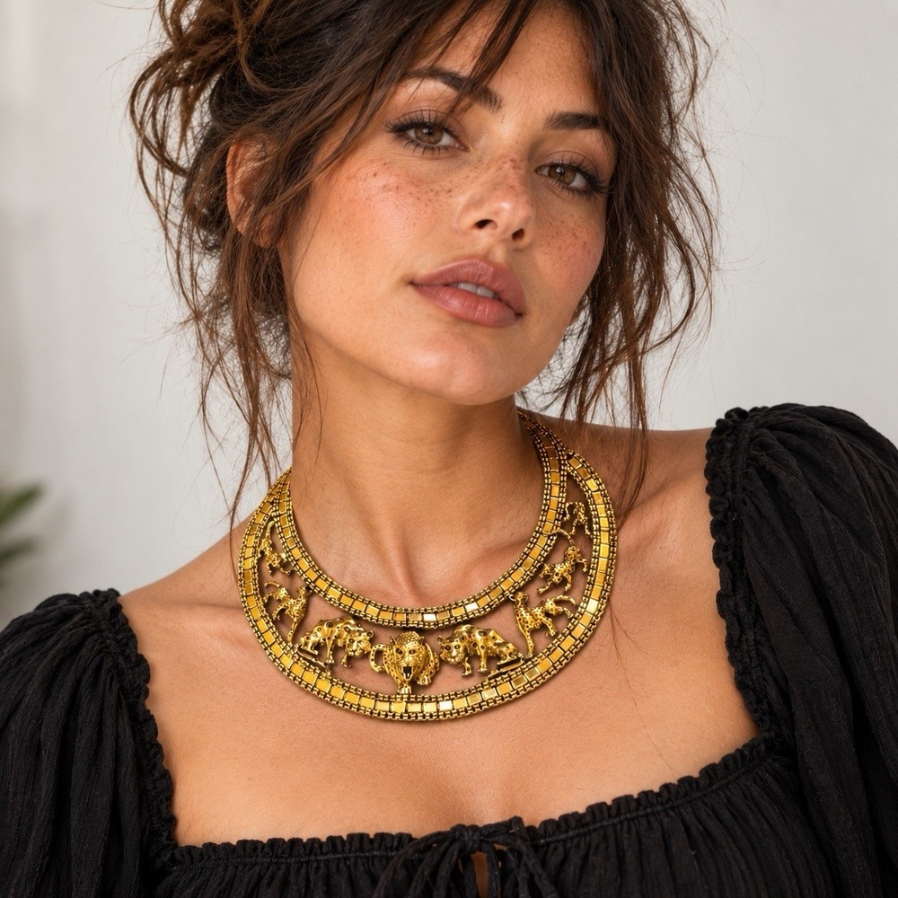 Gold Tone Safari Animal Bib Collar Necklace Lion Elephant Giraffe Leopard Boho